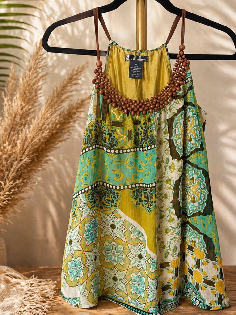 Beaded-Neck Tropical Patchwork Tank Top - Green & Yellow